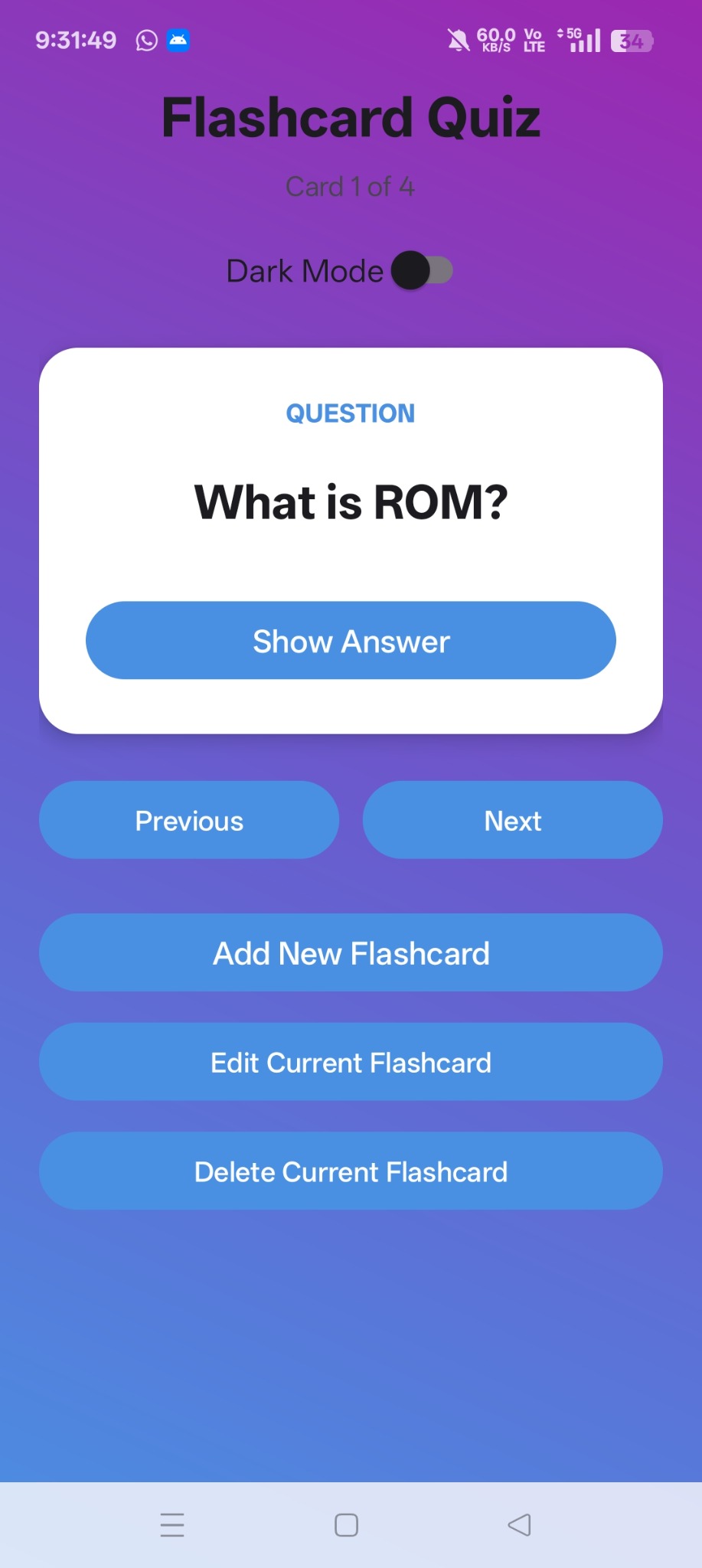 Flashcard Quiz question and card management screen