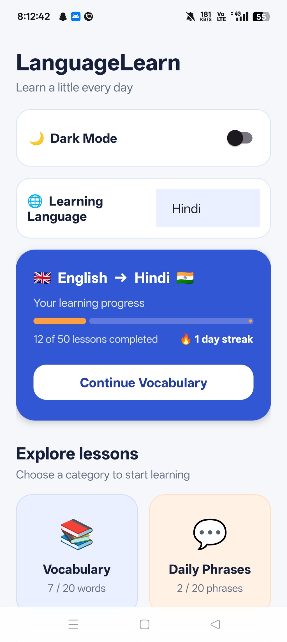 LanguageLearn dashboard and progress