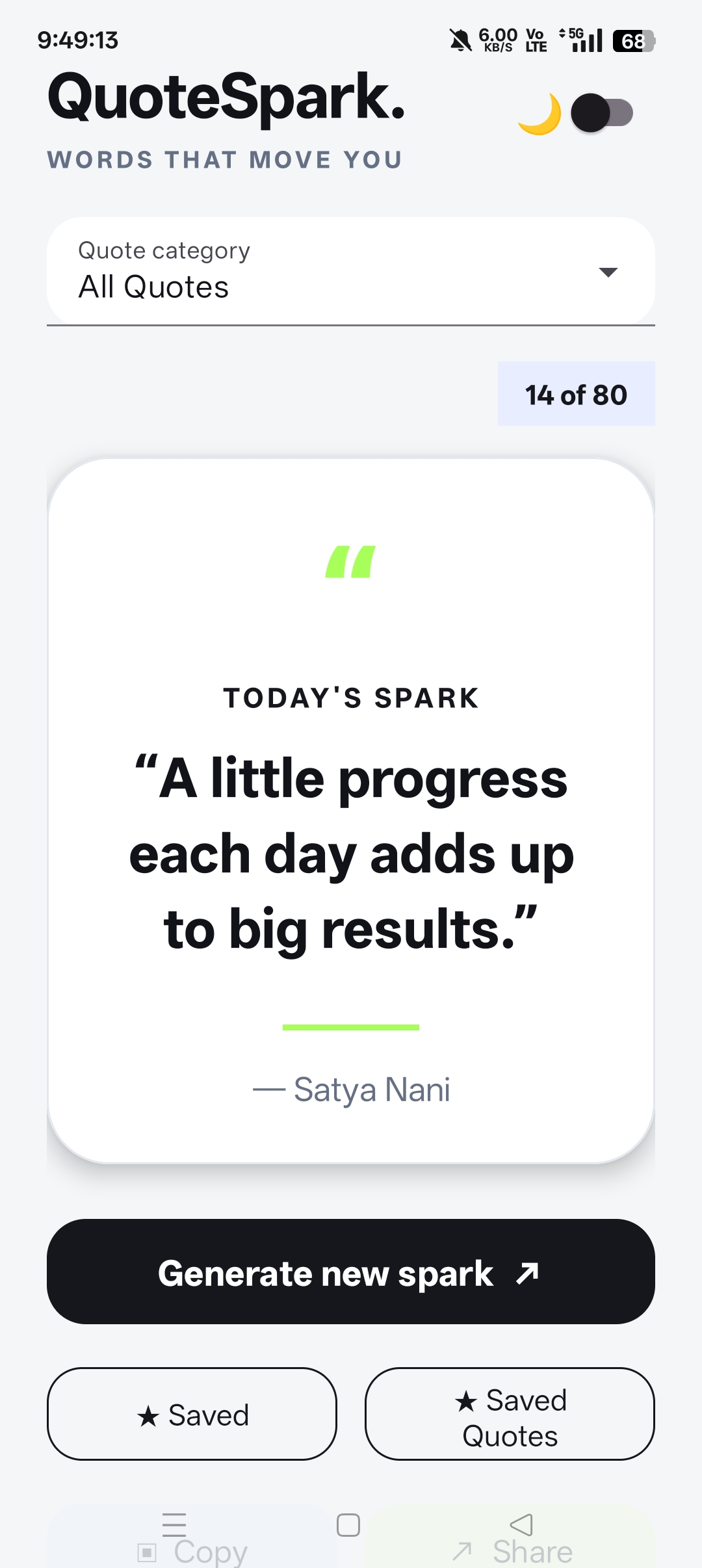 QuoteSpark random quote generator home screen